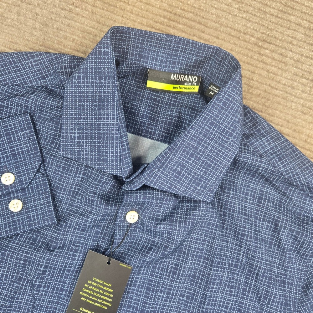 Murano Mens M Blue Grid Performance Slim Fit Long Sleeve Button Down Shirt